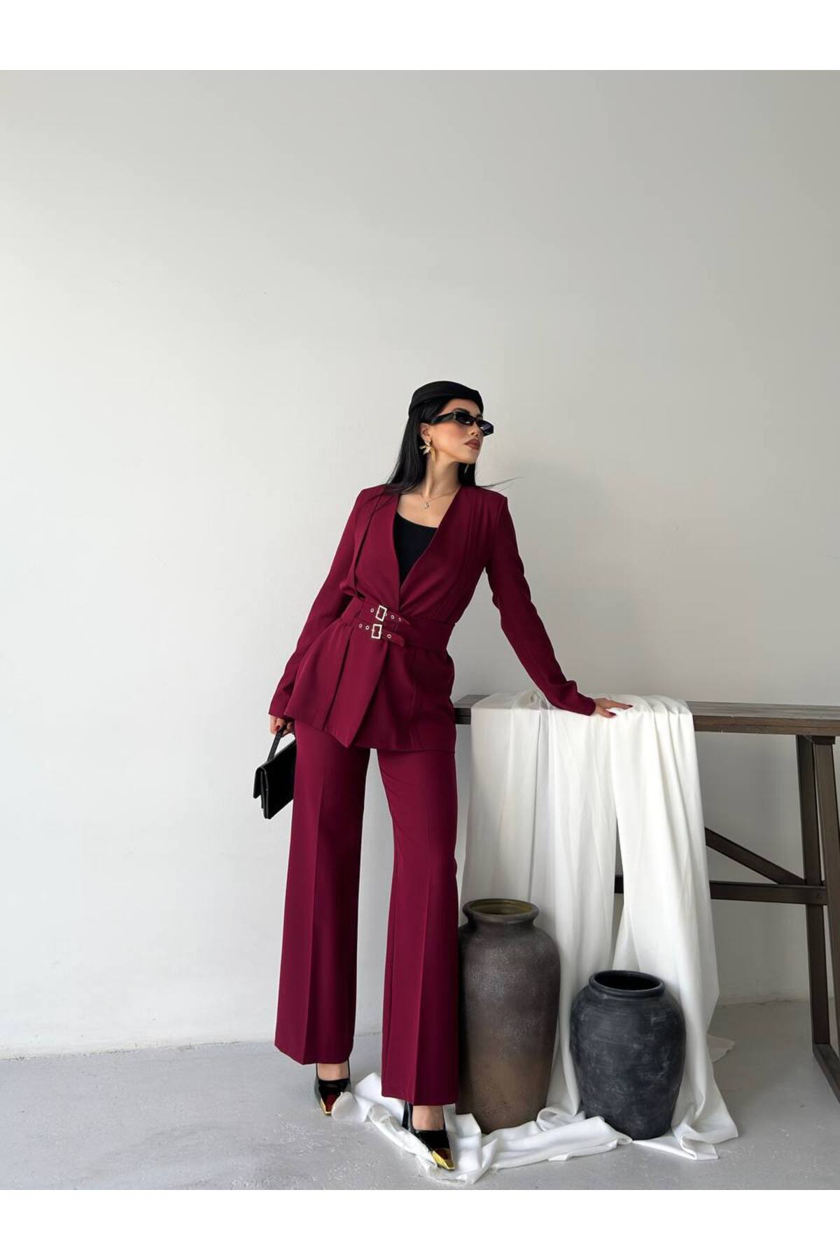 Ensemble deux pièces blazer et pantalon à ceinture Premium Fit - Görsel 3
