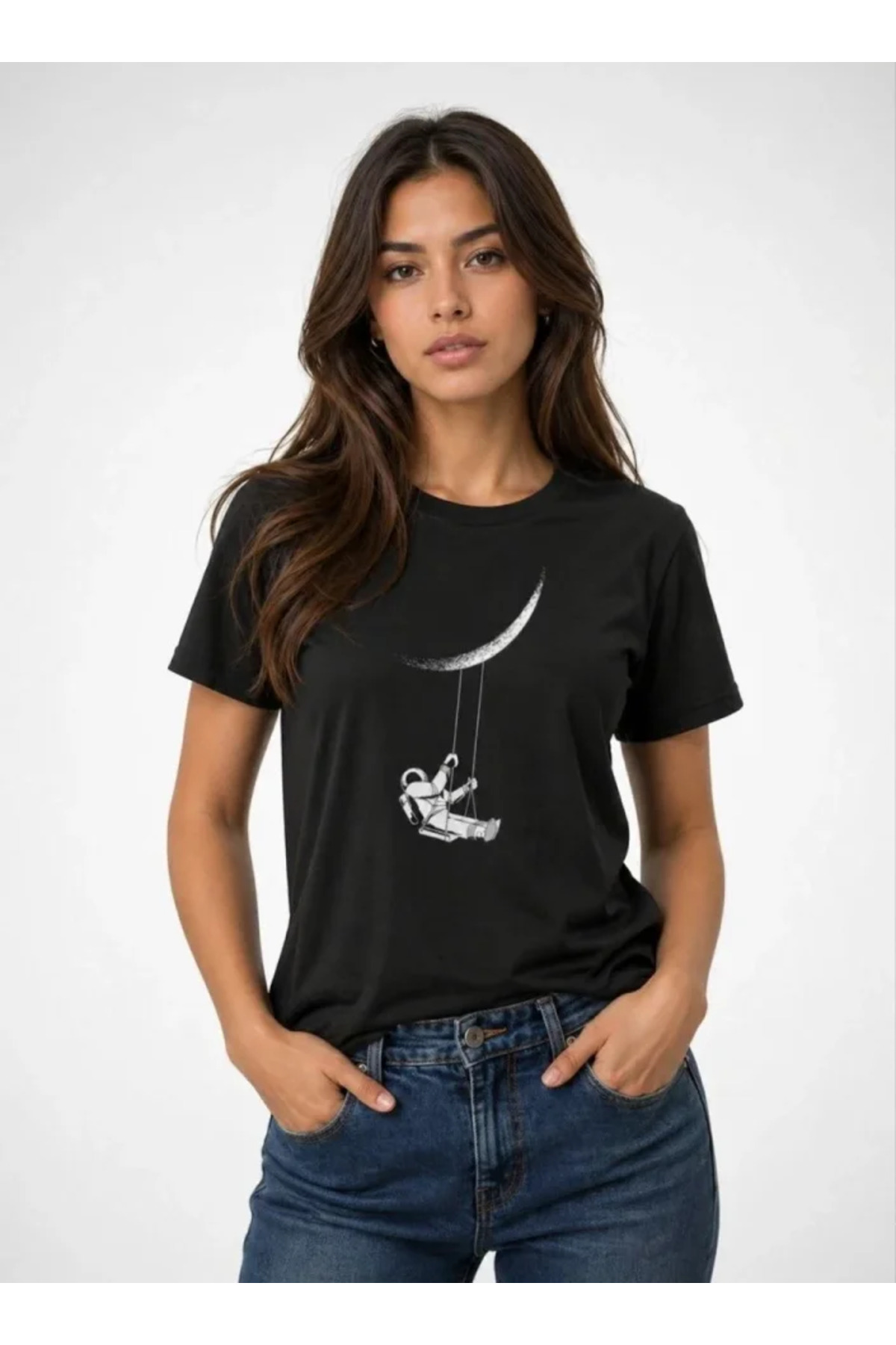 Astronot Ay Temalı Tişört Kısa Kol Yazlık Bisiklet Yaka T-Shirt - Siyah alternatif görünüm