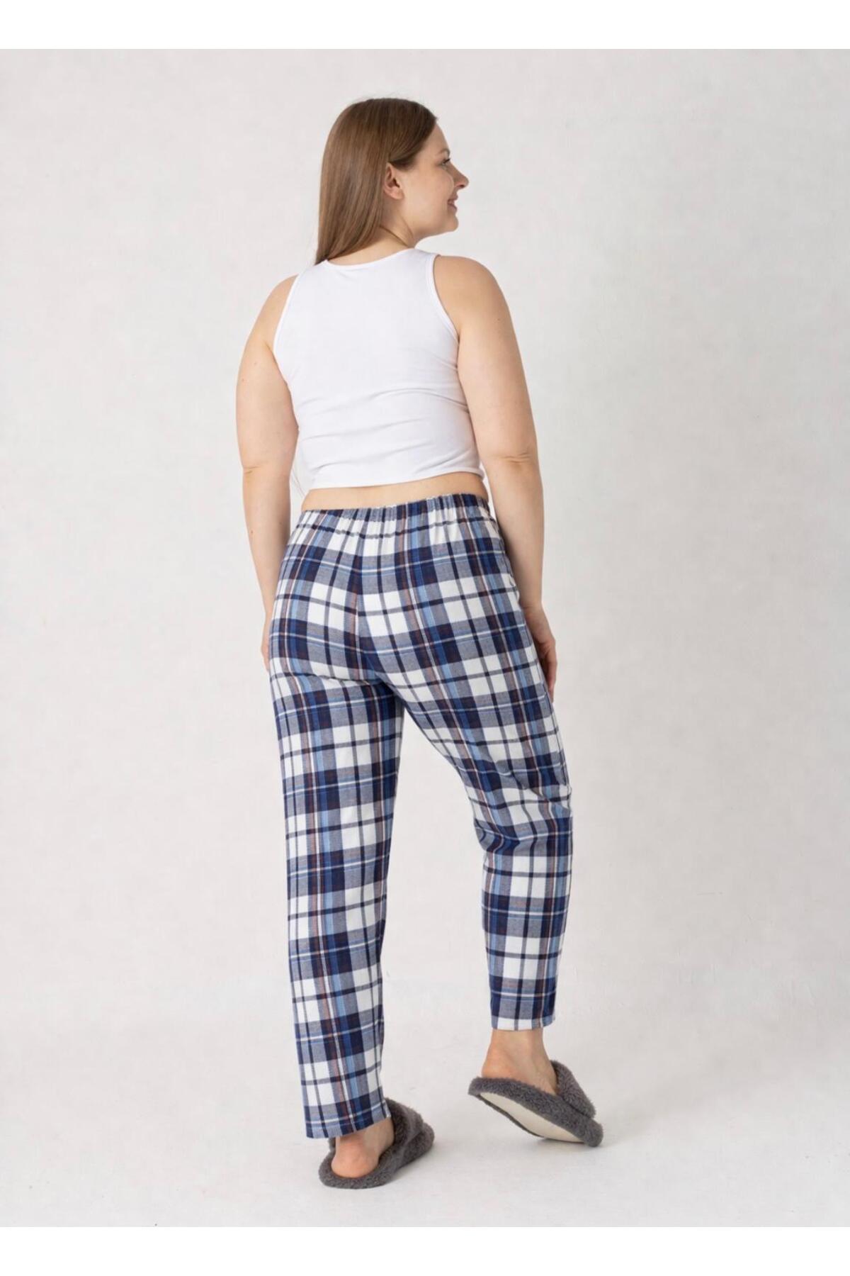 LOTTEBELLA Büyük Beden Pamuklu İnce Nefes Alabilen Lacivert Turuncu Ekose Pijama Altı görsel 2