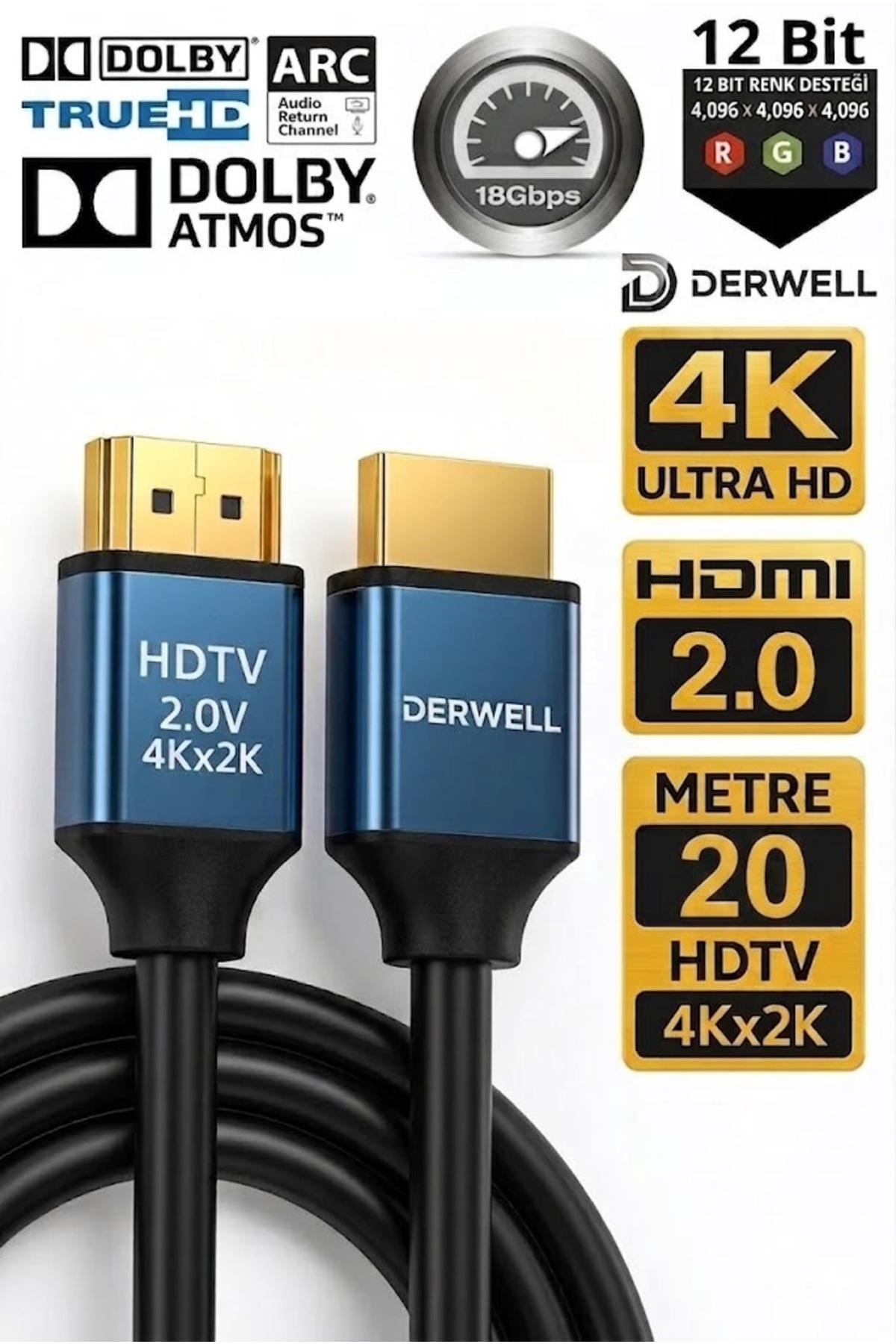 20 Metre 20mt Premium 4k120Hz Ultra HD TV'ler Bilgisayarlar ve Monitör Ekranları İçin Versiyon 2.1V 4k@6ohz 18 Gbps 2160P Görüntü Kablosu Dijital Ultra Kablo