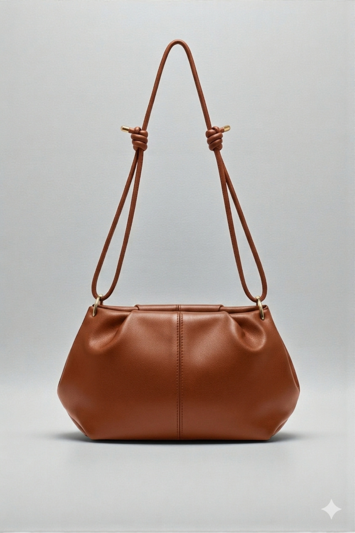 Shirred Design Women's Soft Form Tan Shoulder Bag with Knotted Adjustable Strap