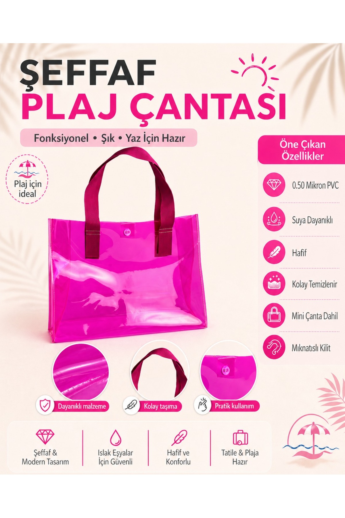 ttm ticaret Pembe Kadın Beach Baskılı Şeffaf Plaj Çantası