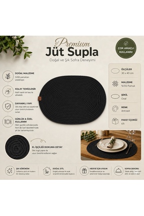 Fabrix Home 6 Adet Siyah Oval Jüt Supla / Amerikan Servis Lux Sunum Tabak Alt...