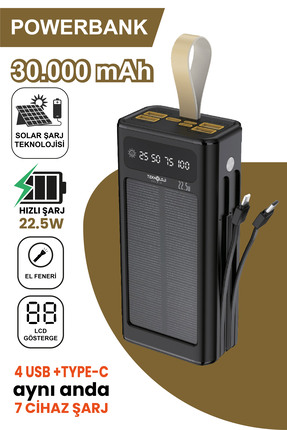 Teknoloji Gelsin 30.000 mAh Powerbank Güneş Enerjili Solar Hızlı Şarj Gösterg...