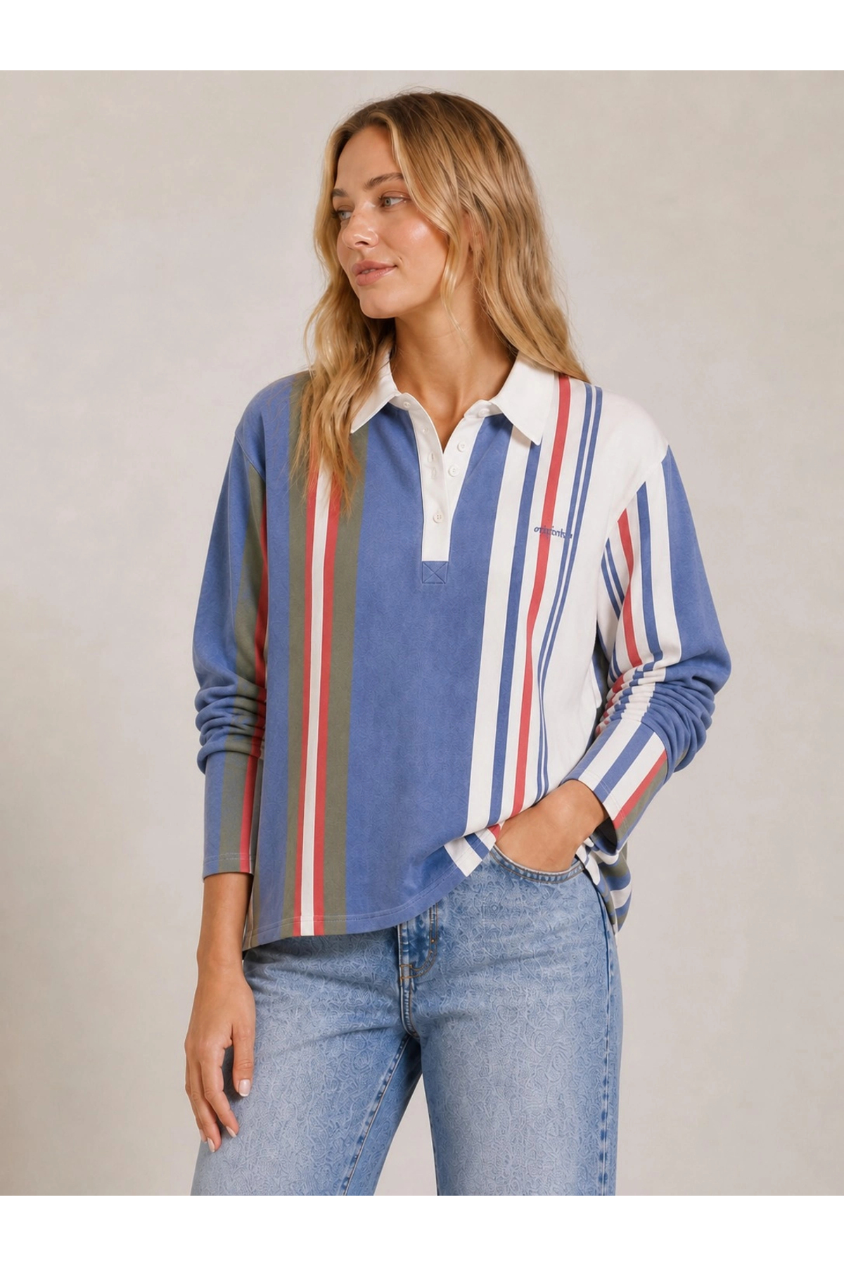 Akabi Online Kadın %100 Pamuk Oversize Çizgili Polo Yaka Uzun Kollu Yıkamalı Sweatshirt