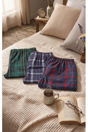 Pijahane 3’lü Ekose Pijama Altı Paketi - Yeşil Ekose, Lacivert Ekose & Kırmız...