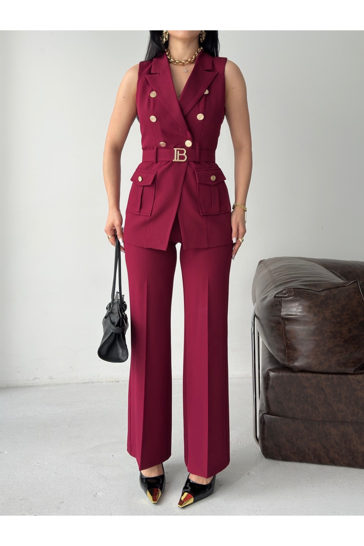 Gold Buttoned Vest Pants Blazer Set with Belt Accessory