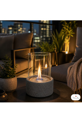 Flame Art Concept Beton Masaüstü Bioethanol Şömine Cam Korumalı Dekoratif Min...