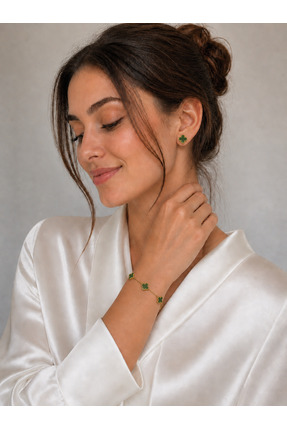 Liva Group Atelier Gold Çift Yönlü Yonca Van Cleff Çelik Bileklik & Küpe