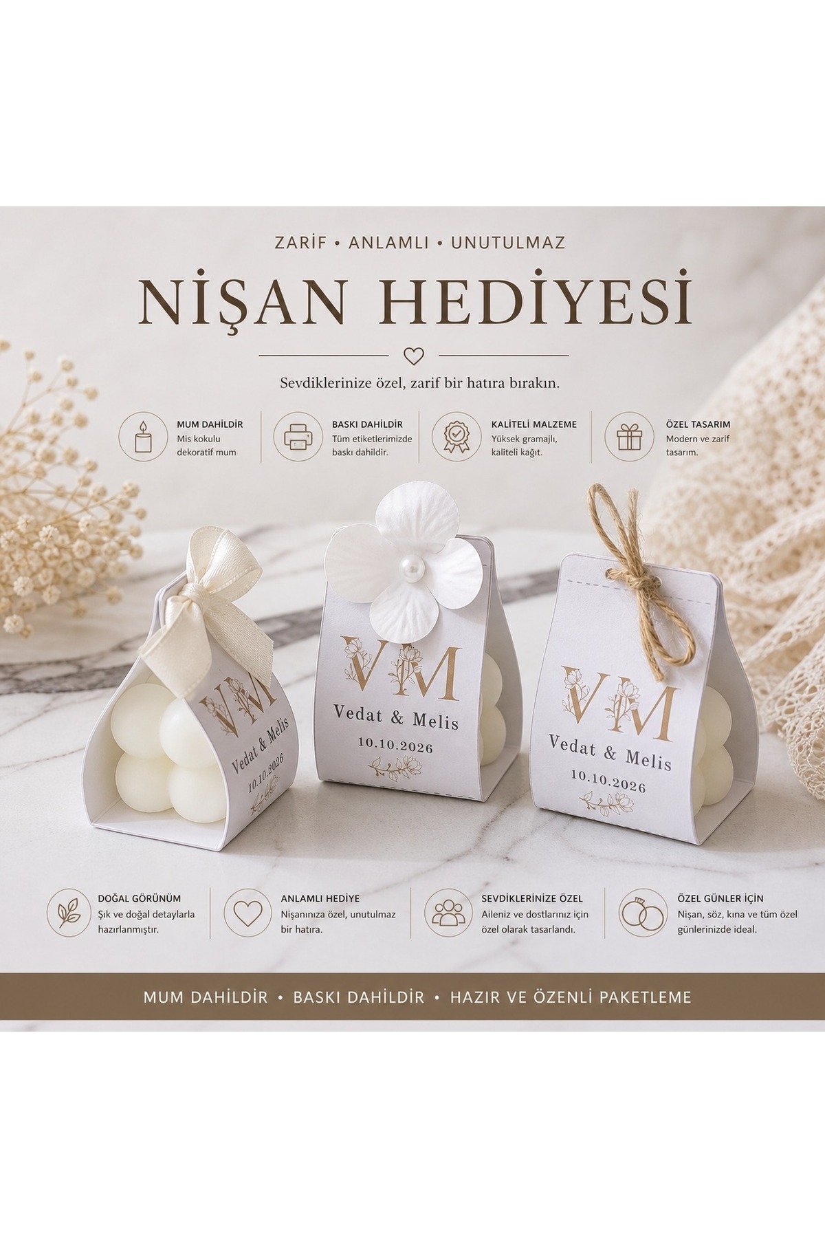 10 Adet İsimli Bubble Mum Hediyelik | Nişan Nikah Düğün Sünnet Mevlüt Kurdele,Orkide veya Hasır ip Süslemeli Kişiselleştirilebilir