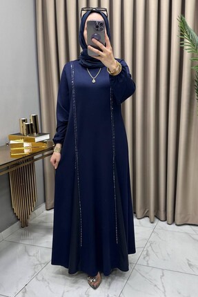 Alya NUR ELBİSE Kristal Belis Kumaş Kadın Lacivert Yanları Yapıştırma Taşlı v...