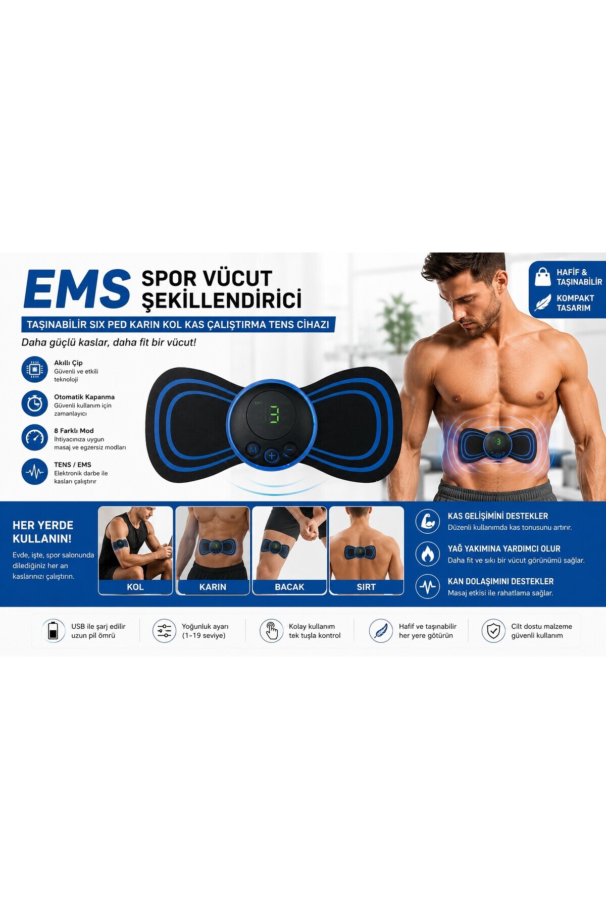 Kozera #TensCihazı EMS Taşınabilir Spor Vücut Şekillendirici Six