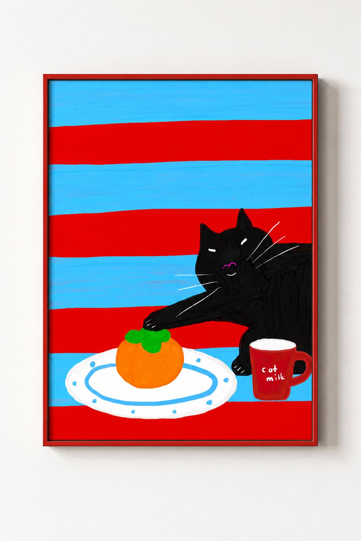Siyah Kedi ve Portakal Tablo Poster Renkli Mizahi İllüstrasyon Çerçevesiz