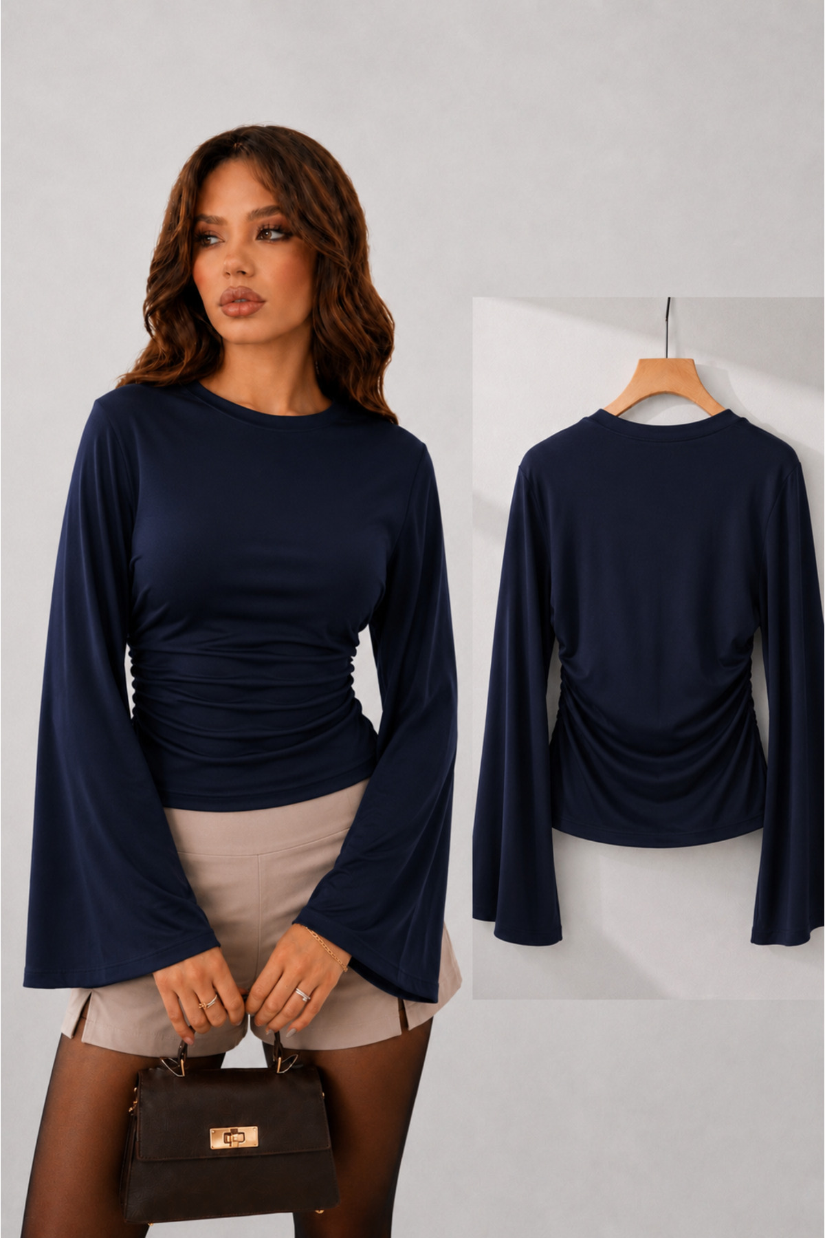 Modal Fabric Drawstring Detail Wide Sleeve Women's Blouse 212