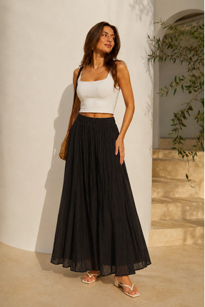 shop Kadın Siyah Vual Kumaş Kırışık Beli Lastikli Uzun Astarlı Etek