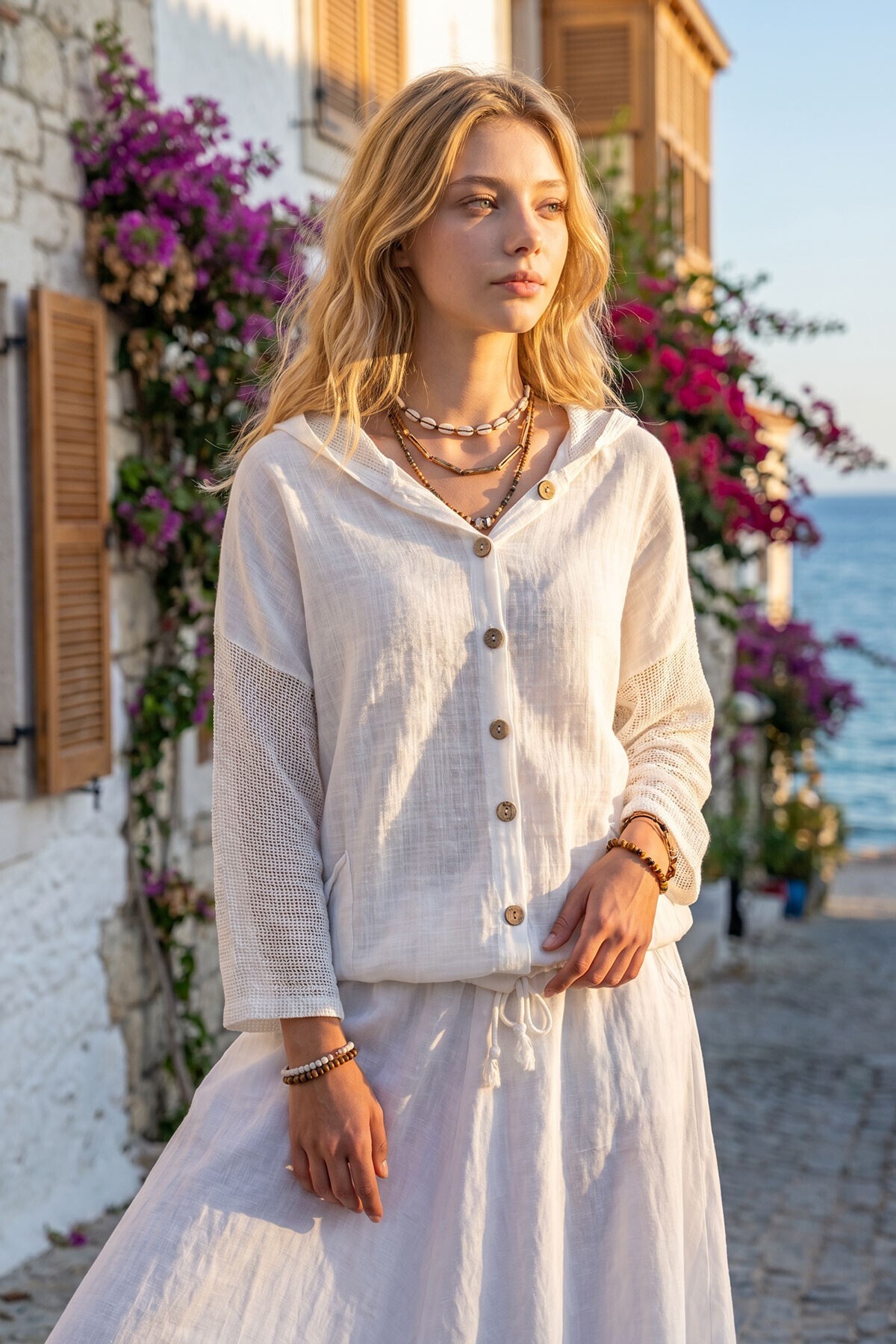 Alacati Linen Ecru Wash Linen Mesh Tied Hooded Blouse