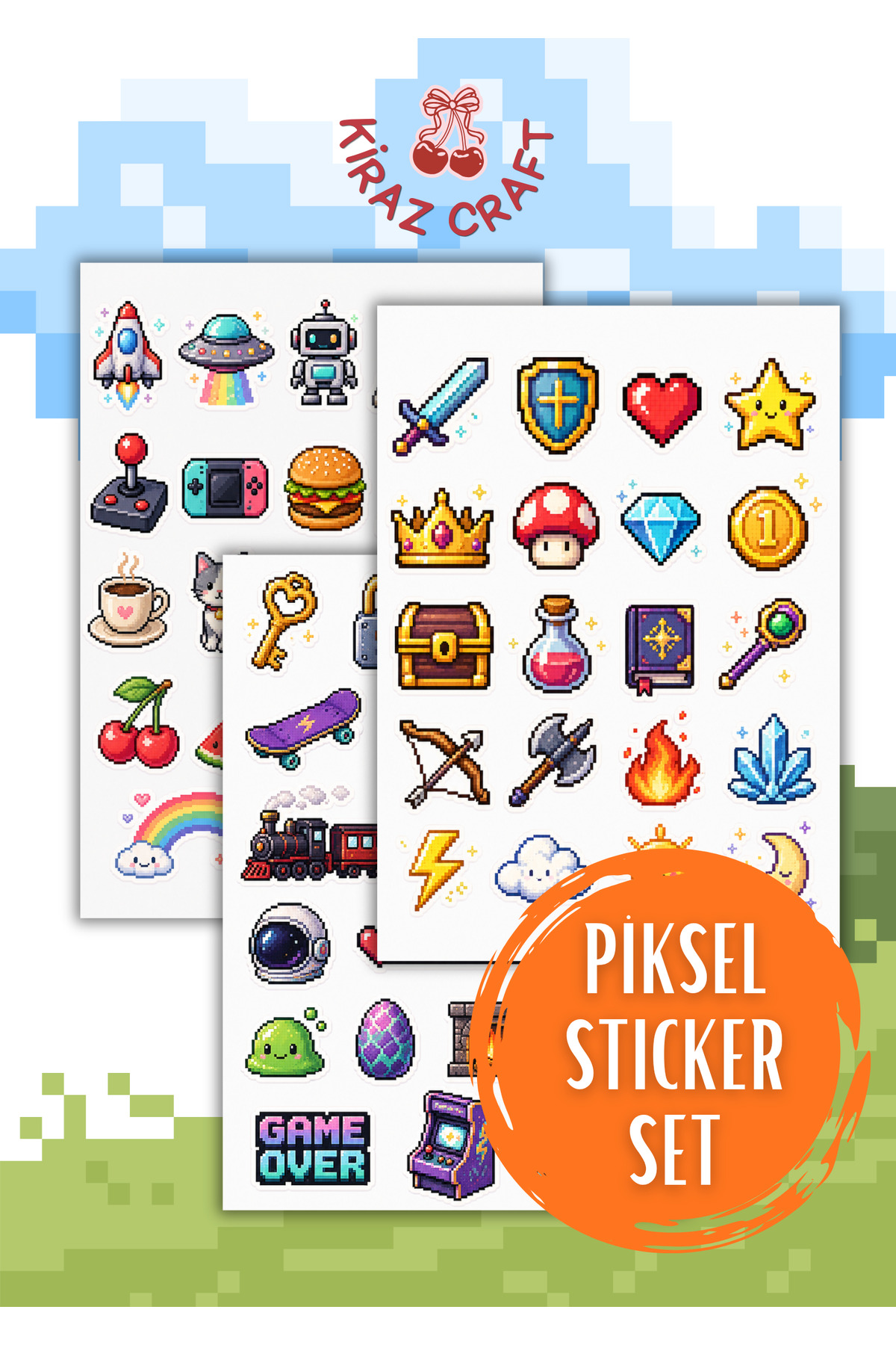 Kiraz Craft Piksel & Retro Game Sticker Seti – Laptop, Defter