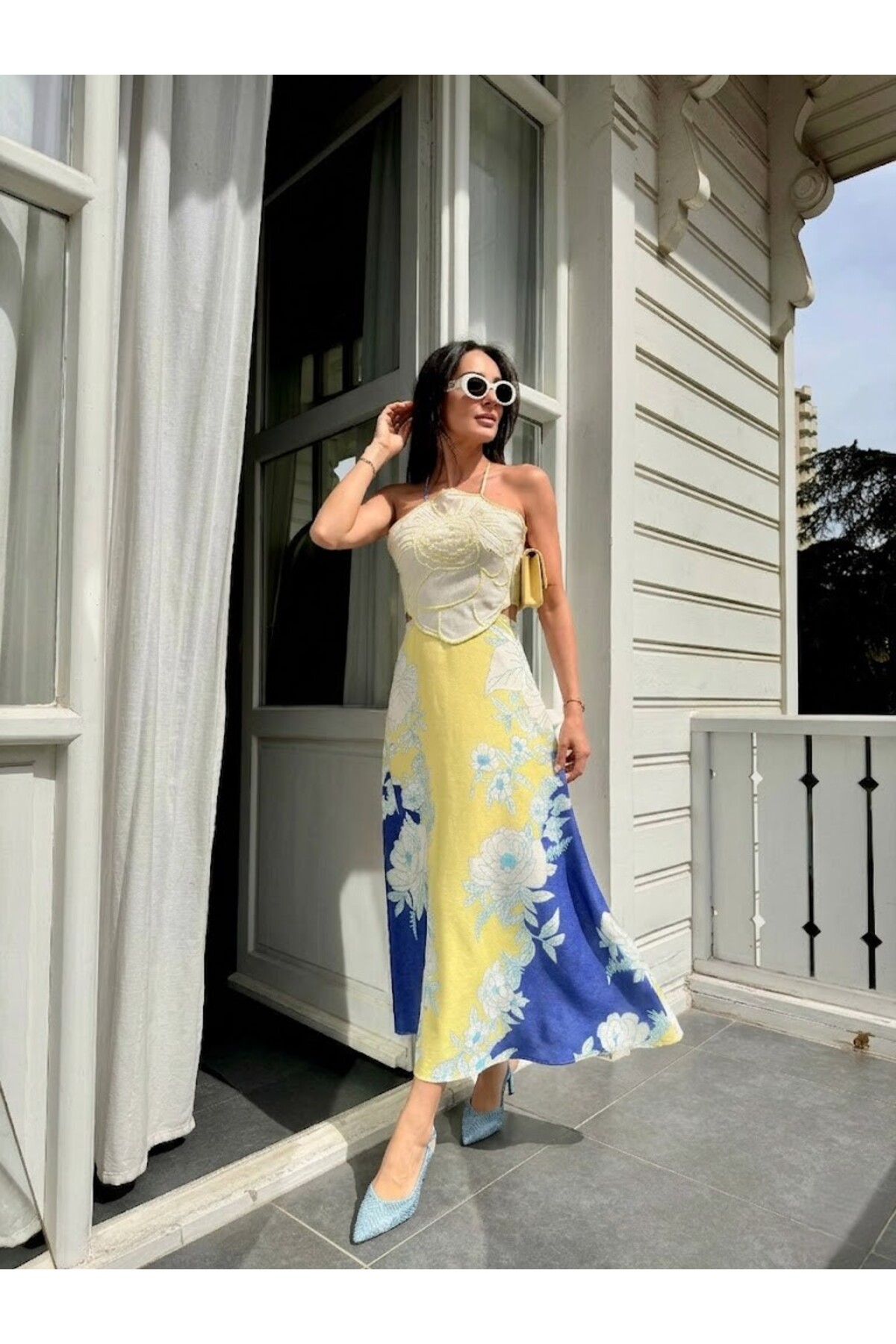 LOKADI Yellow Blue Floral Patterned Halter Neck Backless Mix Midi Length Summer Dress