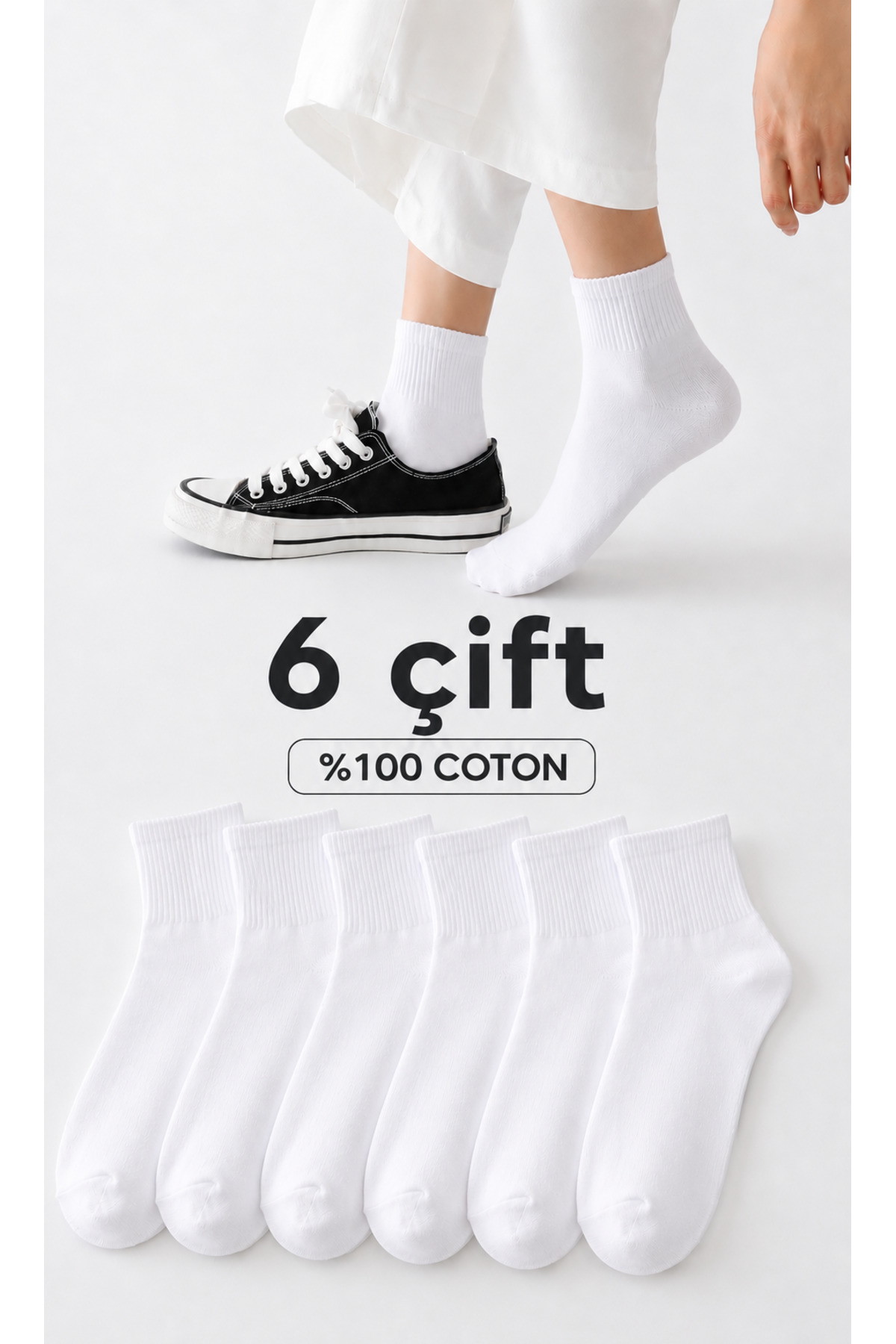 Bilal Çınar Tekstil 100% Pamuk Unisex Yarım Konç Spor Çorap 6 Çift Yazlık Çorap