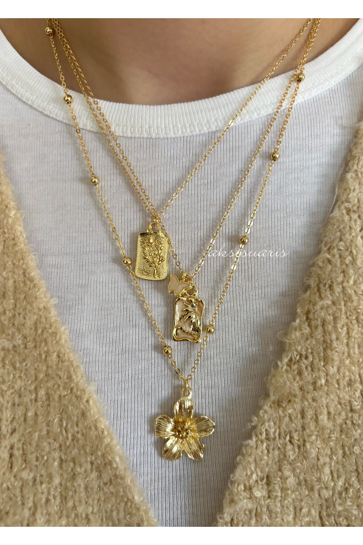 aksesuaris 3'lü Çiçek Gold Mineli Kadın Charm Kolye Set görsel 2