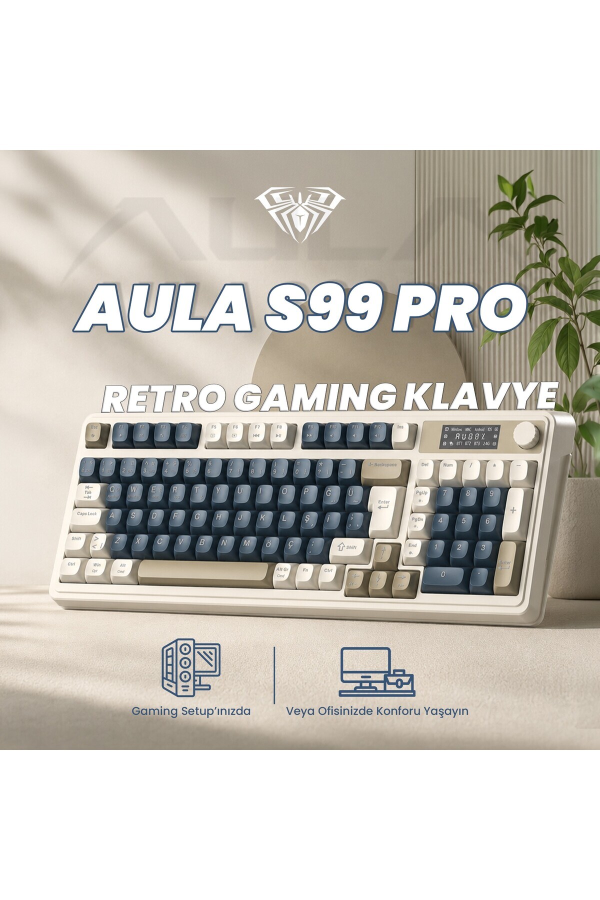 کیبورد بی‌سیم ماکرو ترکی S99 Pro Retro RGB Gaming 3 مدلی بلوتوث/2.4GHz/USB-C لاجوردی