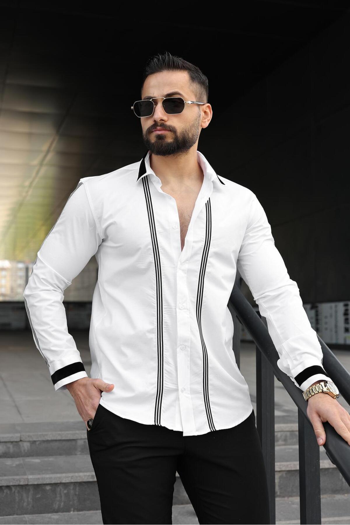 پیراهن مردانه اسلیم فیت لوکس ممتاز با یقه ایتالیایی و جزئیات راه راه عمودی — سفید BAYIM ITALYAN — تصویر 3 از 4