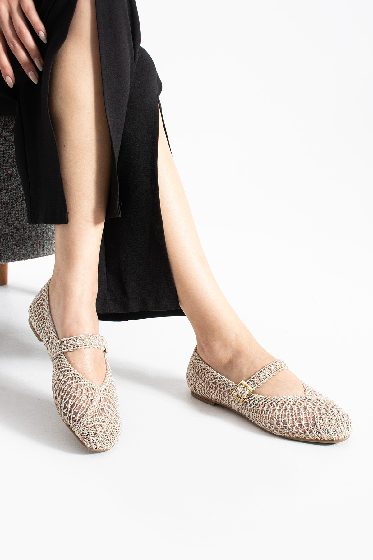 star shoes Bej Örgü Kadın Babet Yumuşak Taban Günlük Ayakkabı görsel 4