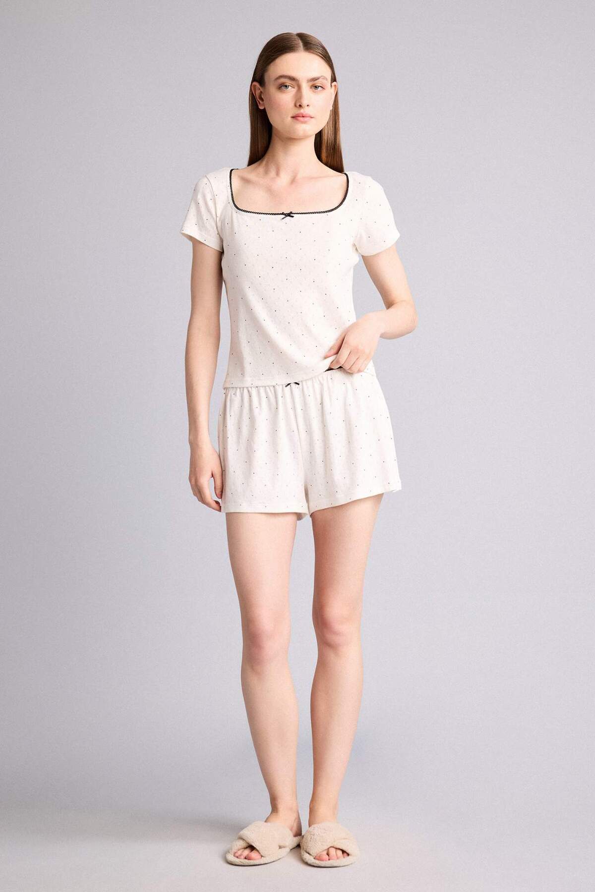 Defacto 100% Cotton Regular Fit Short Sleeve 2-Piece Ecru Set I1170Ax26Sm