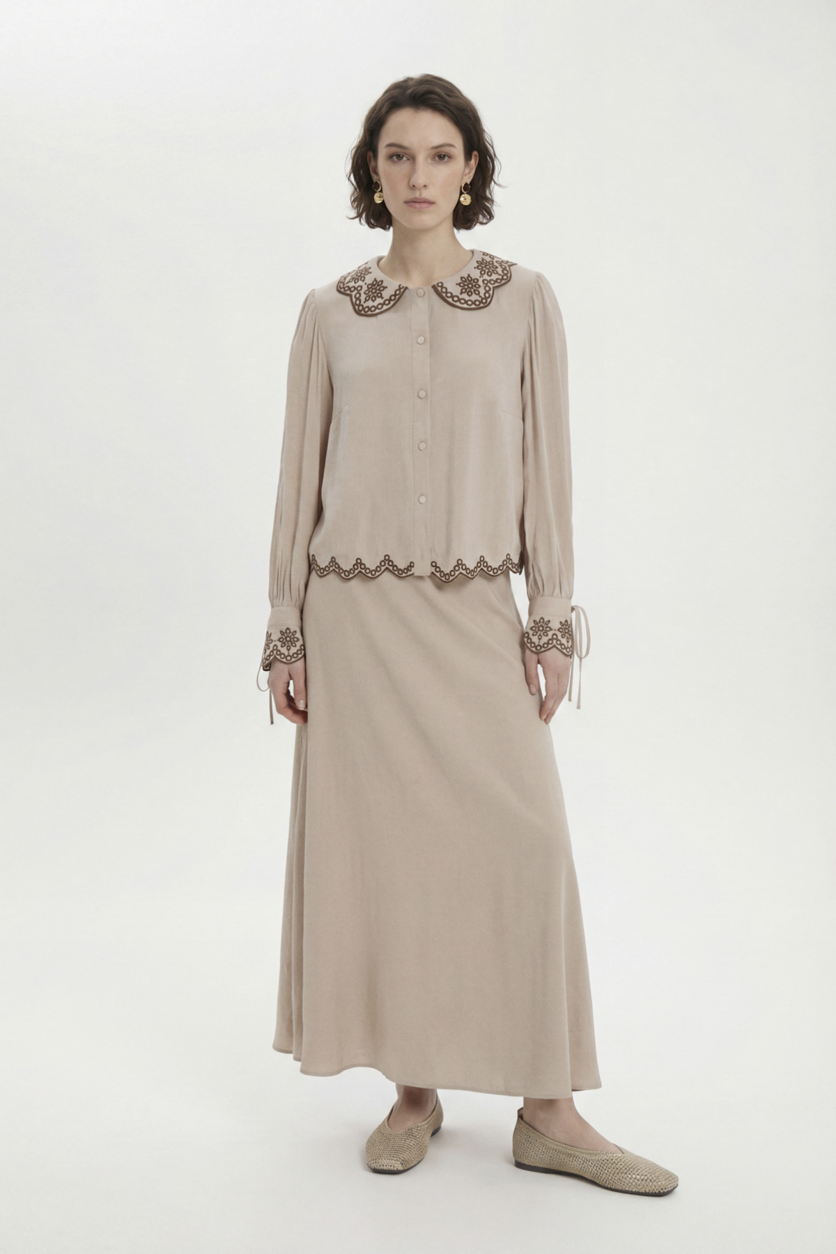 Zühre Embroidery Detailed Round Neck Beige Set 1844