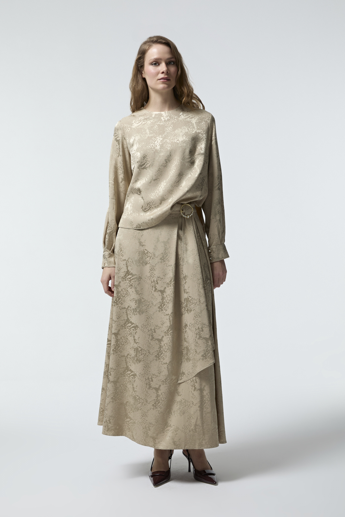 Zühre Patterned Satin Textured Suit Çağla Suit 1773
