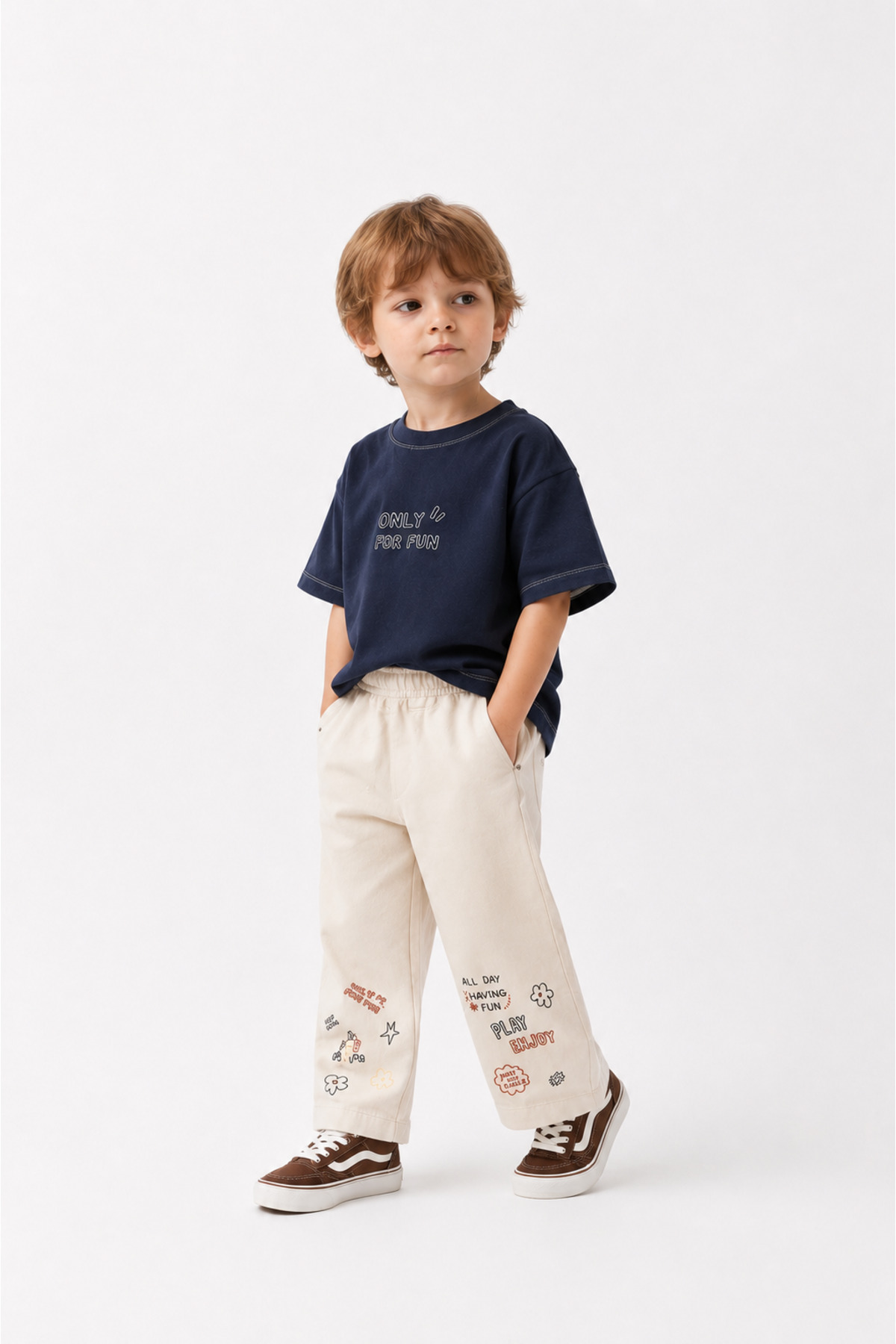 nivo baby Boy's Oversize Brown T-Shirt Ecru Printed Trousers Set
