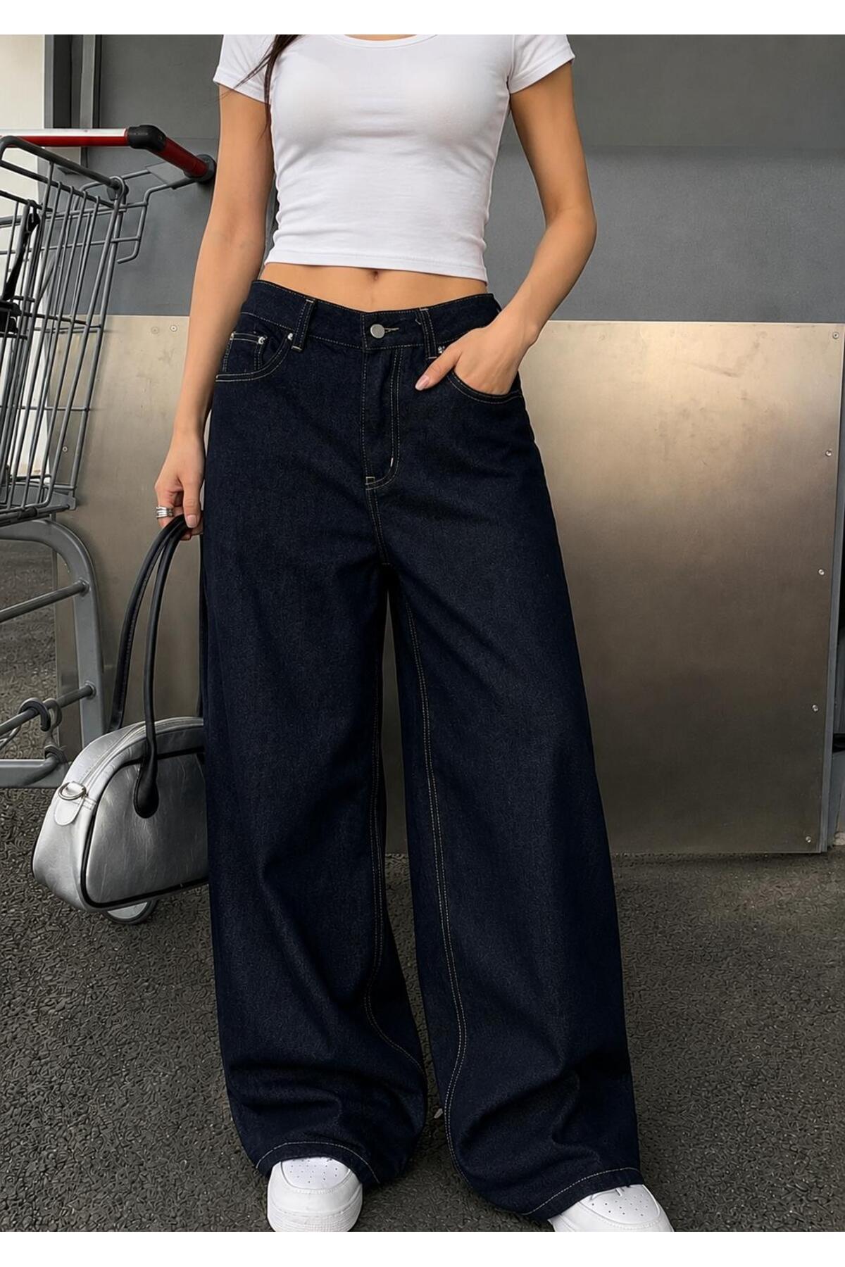 Fro line Kadın Indigo renk baggy 3413_w6 yüksek bel %100 Koton denim pantolon