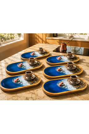 rustikhomedecor 6’lı El Yapımı Epoksi Bambu Kahve Sunumluk Seti Oval Servis T...