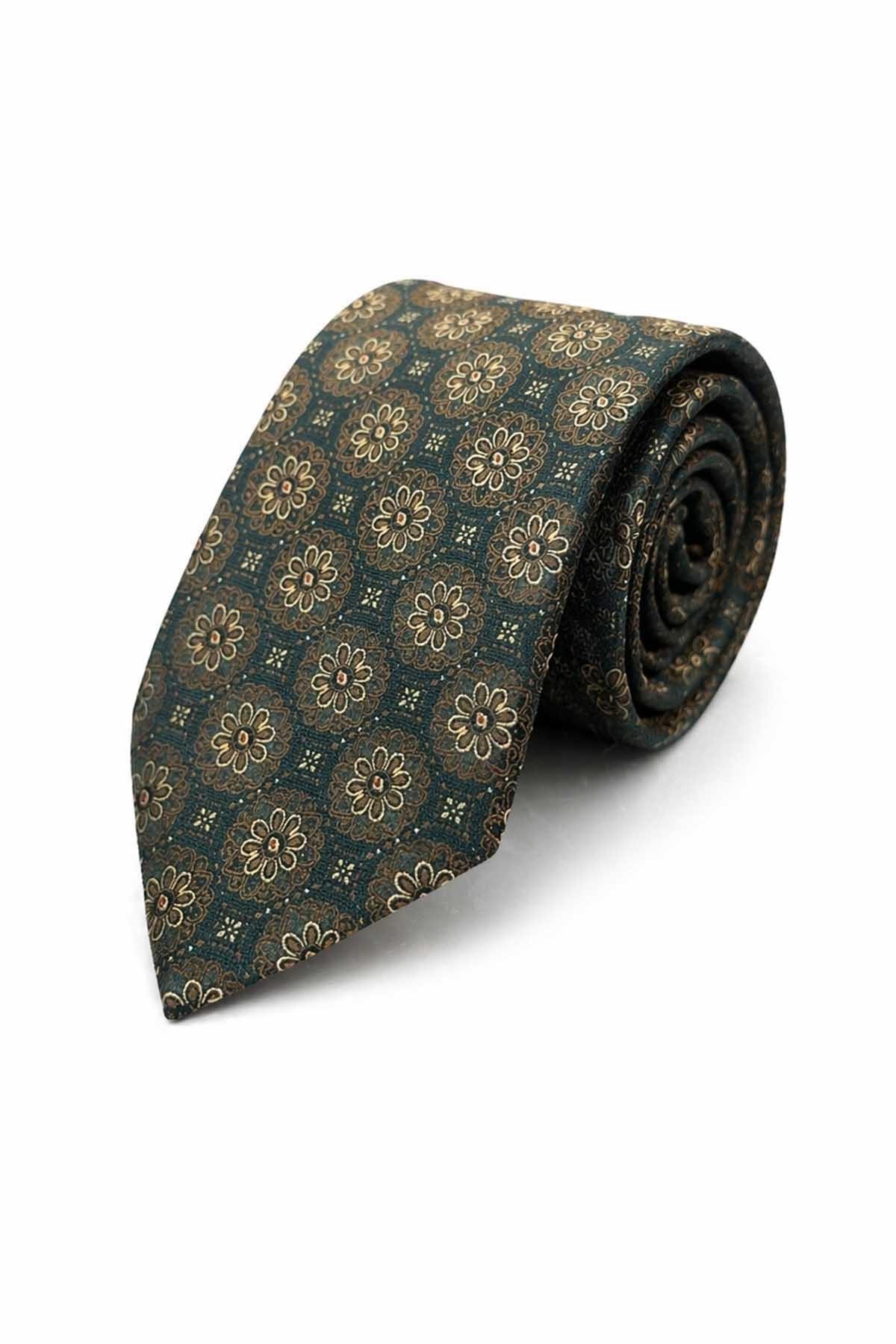 Kravatkolik Yeşil - Sarı Motif Desen Mendilli Klasik Kravat KK13703 görsel 5