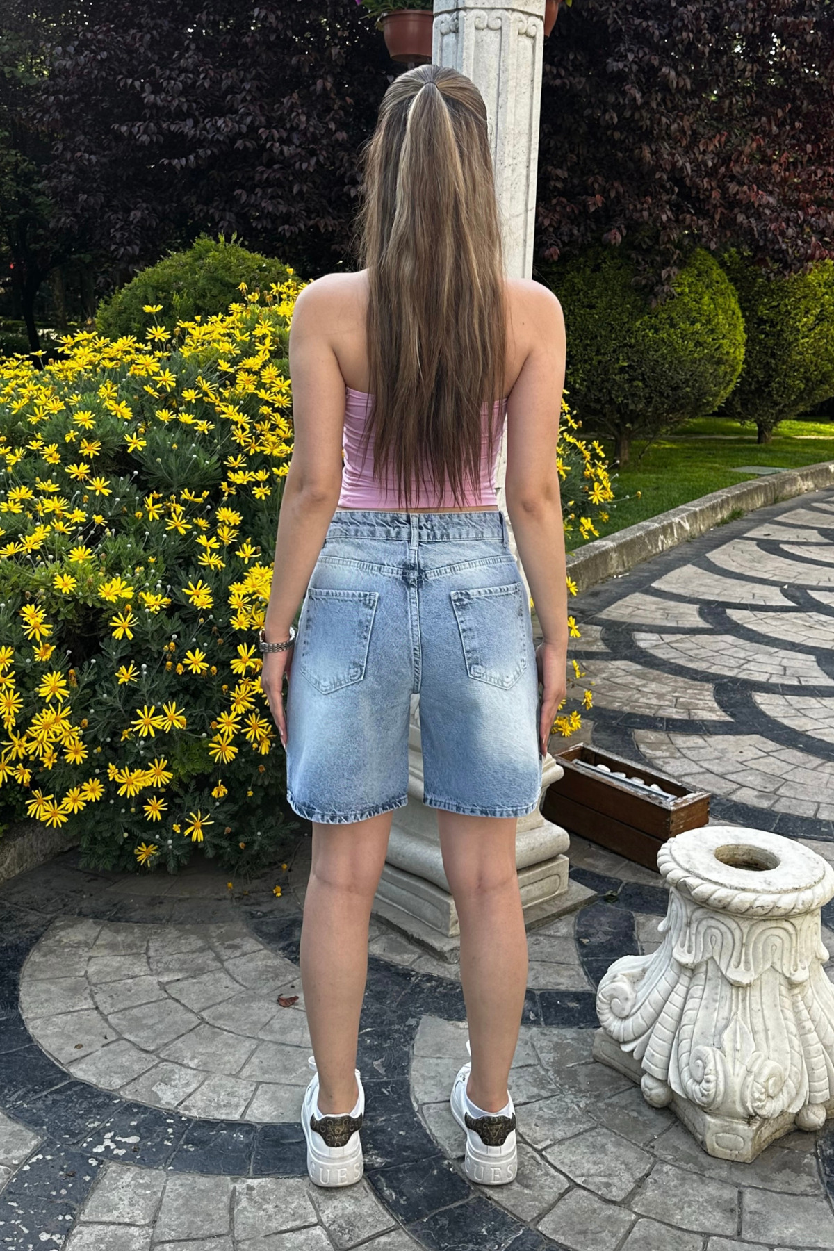 Kadın Vintage Efektli Yüksek Bel 5 Cepli Straight Fit Şort Jeans açık mavi 5