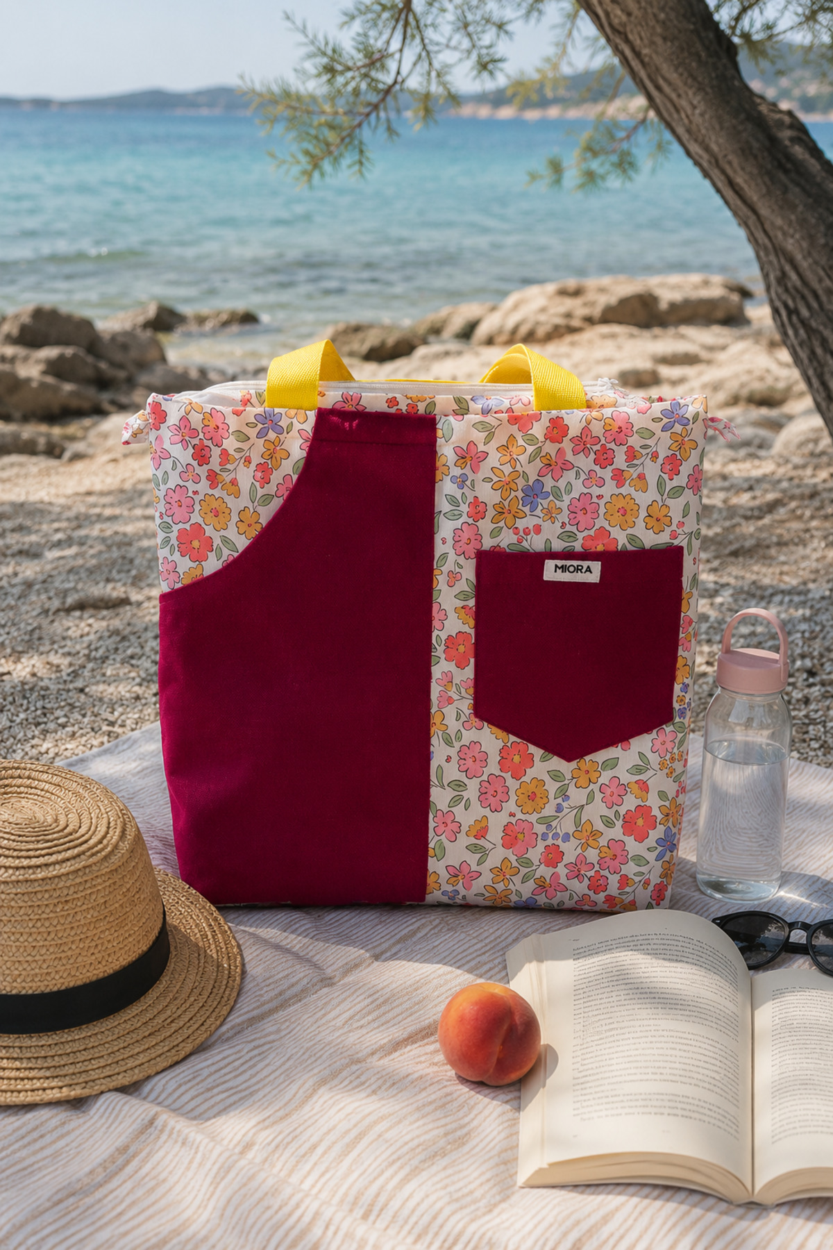 MIORA BAG Mor ve Çiçek Kombinasyonlu Plaj Çantası- Köşe Cepli- Duck Kumaş