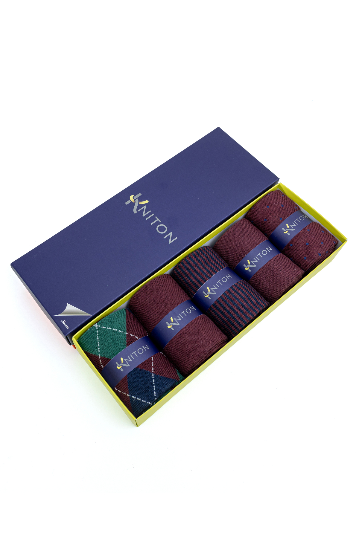 KNITON Dikişsiz Bambu Çorap Jakarlı Bordo Renk Desenli Erkek Çorap Kutulu 5 Çift Premium Uzun Soket Mix Çorap Bambu