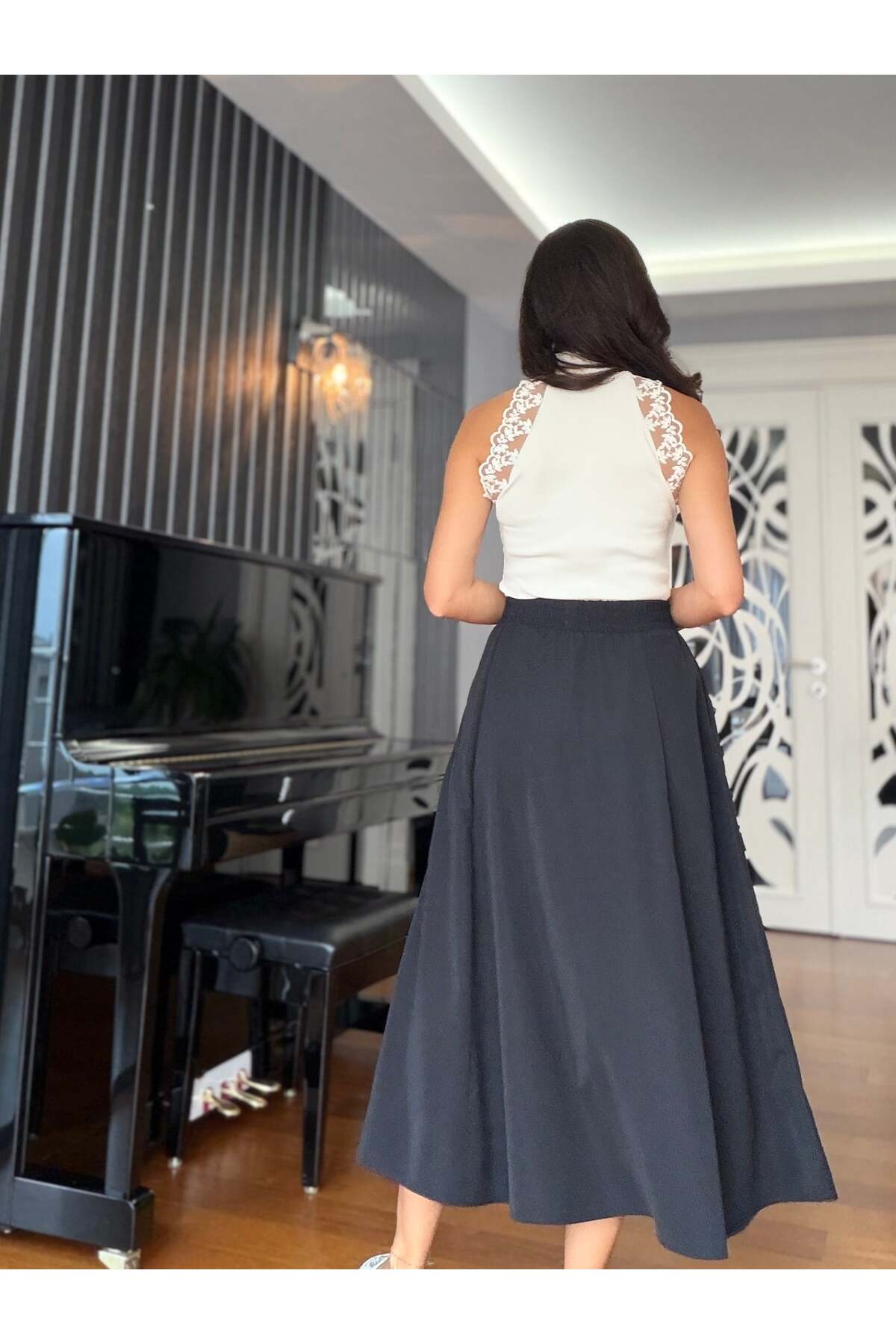 Atelier Derin Siyah Beli Lastikli Uzun Etek görsel 6