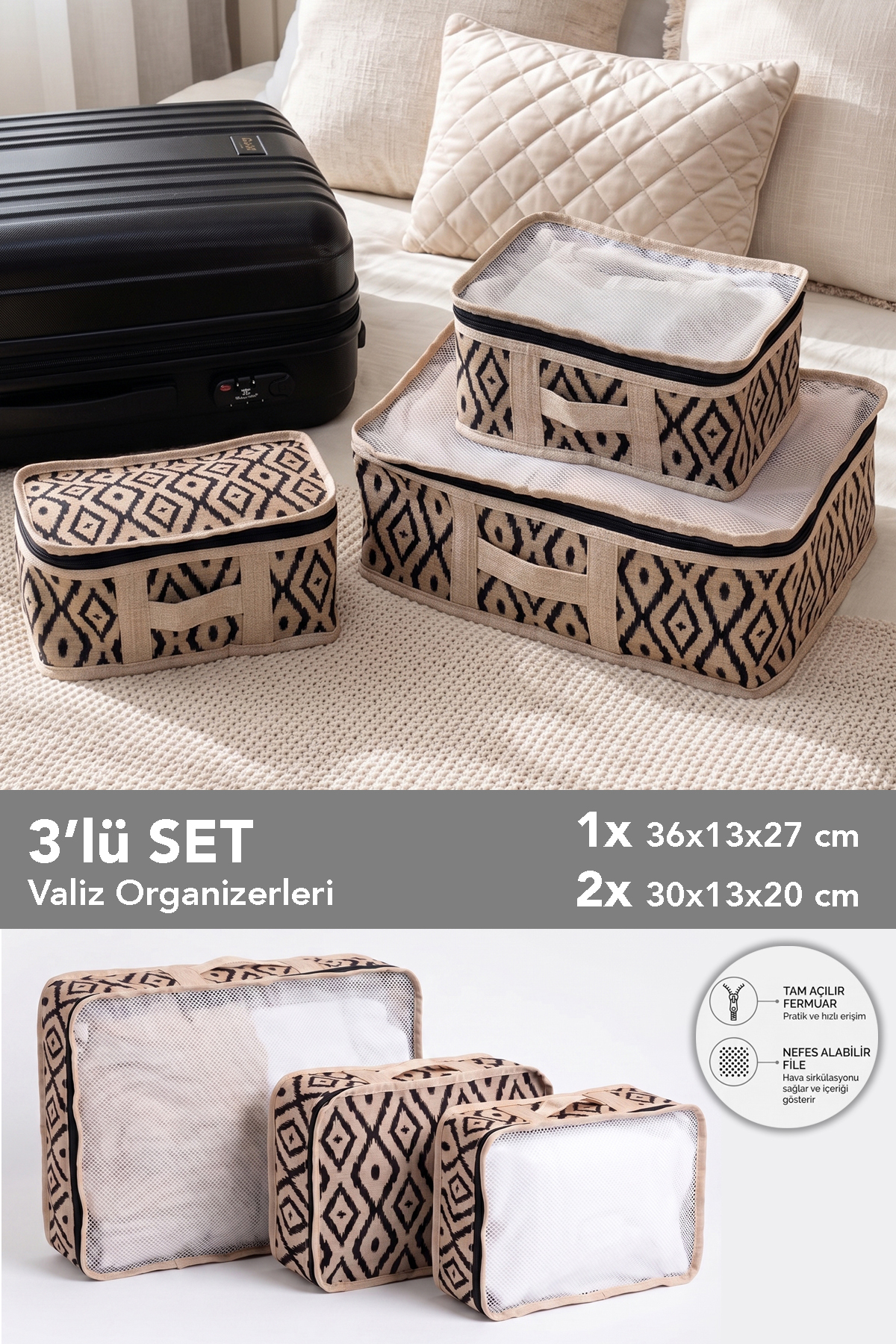 Meleni Home 3'lü Bavul İçi Düzenleyici Set - Çok Amaçlı Dolap İçi