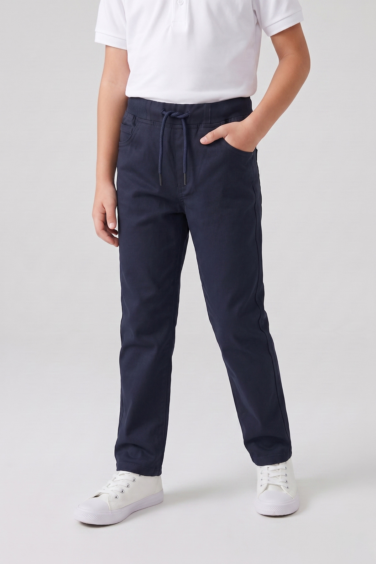 nacar çarşı Boys' Navy Blue Ribbed Waist Canvas School Pants Primary School Middle School Pocketed School and Daily Use