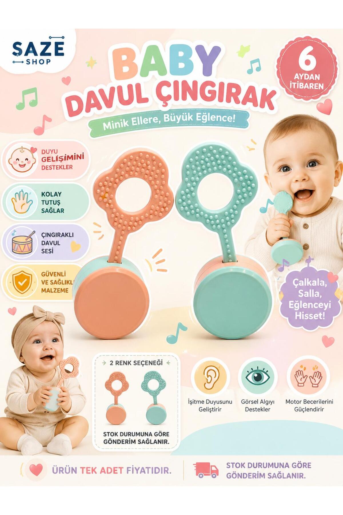 SAZE Baby Davul Çıngırak Oyuncak Bebek Çıngırağı Duyusal Gelişim