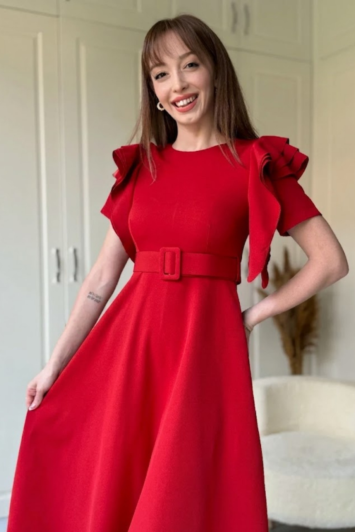 Ruffle Detailed Belted Midi Flared Red Dress