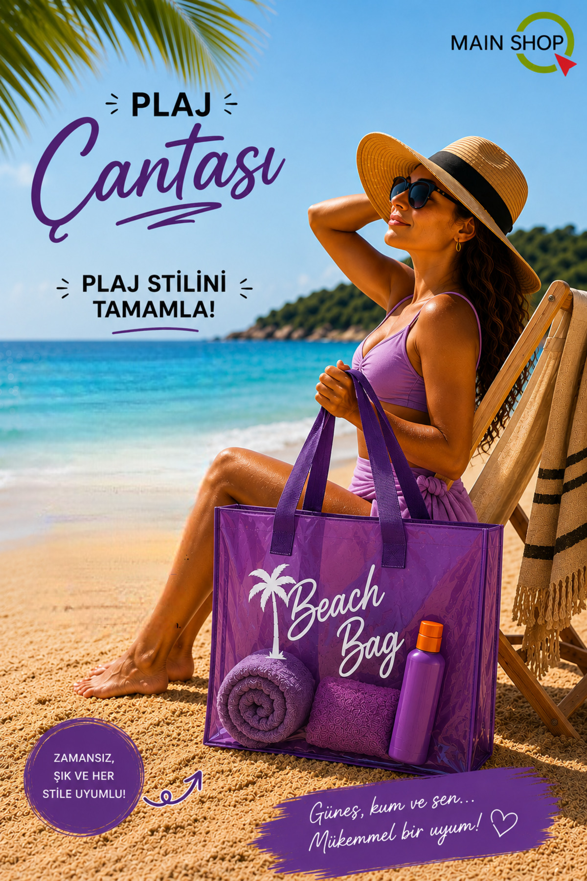 MAİN SHOP Büyük Boy Beach Bag Mor Şeffaf Deniz Plaj Çantası M-PLJ02 görsel 3
