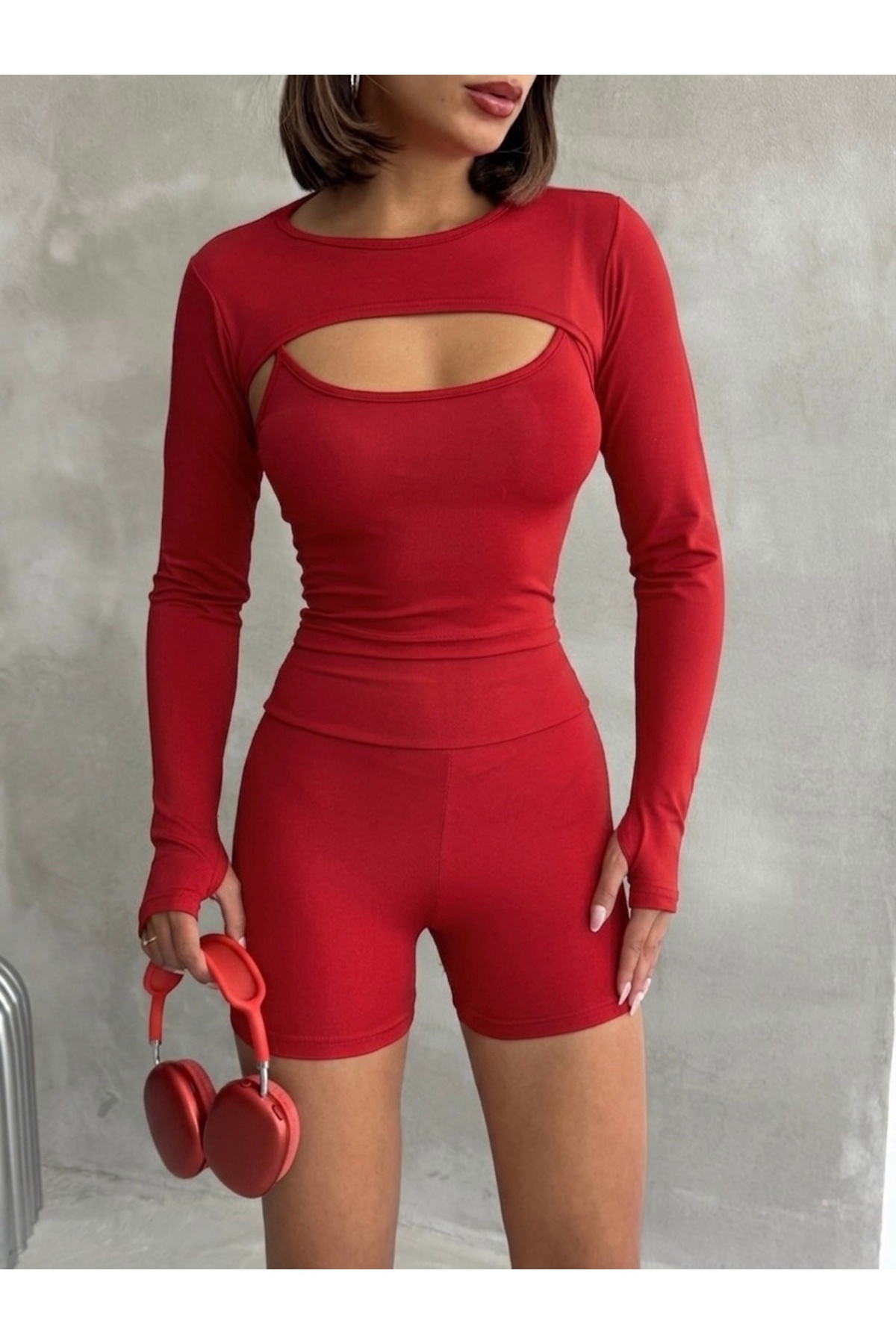The Base Kadın Kırmızı Parmak Detaylı Fit Gym Bolero Crop