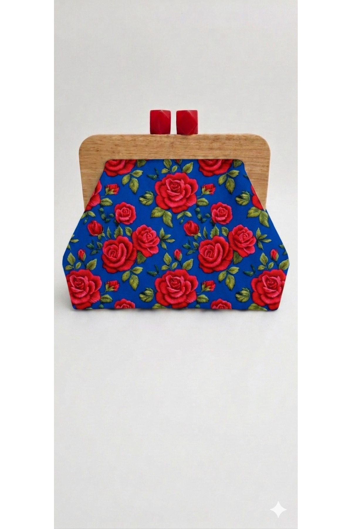 handedizayn Kırmızı Güllü Ahşap Burslu Zincir Askılı Clutch Omuz Çantası