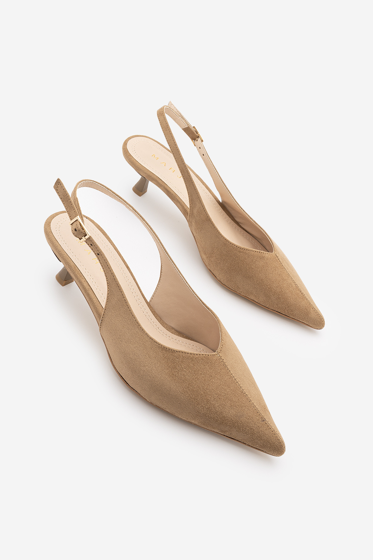 Women's Stiletto Open-Back Front Seam Detailed V-Neck Short Classic Heeled Shoes Orvani Camel Suede