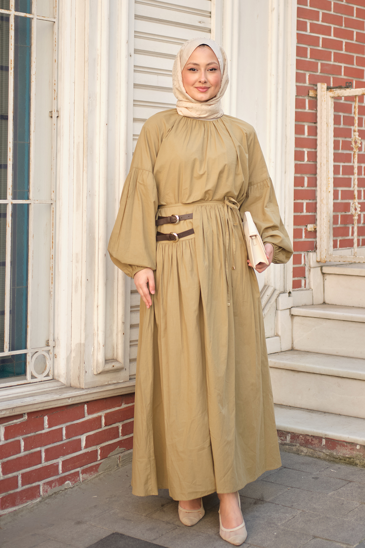 LOCCO Women's Balloon Sleeve Waist Tie Skirt Suit Khaki Green