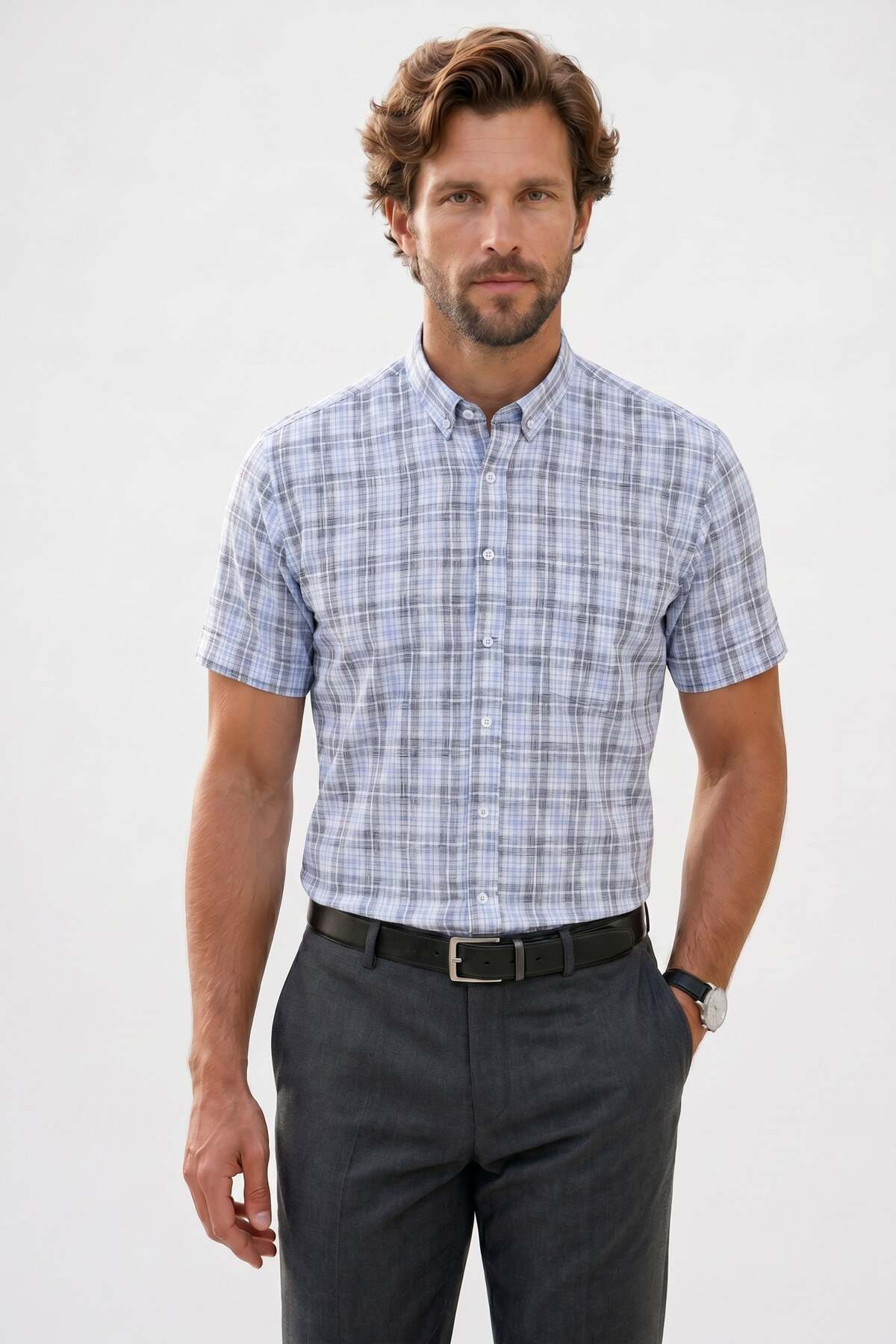 Men's Regular Fit Classic Cut 100% Cotton Short Sleeve Checkered Linen Effect Patterned Blue Shirt with Pocket