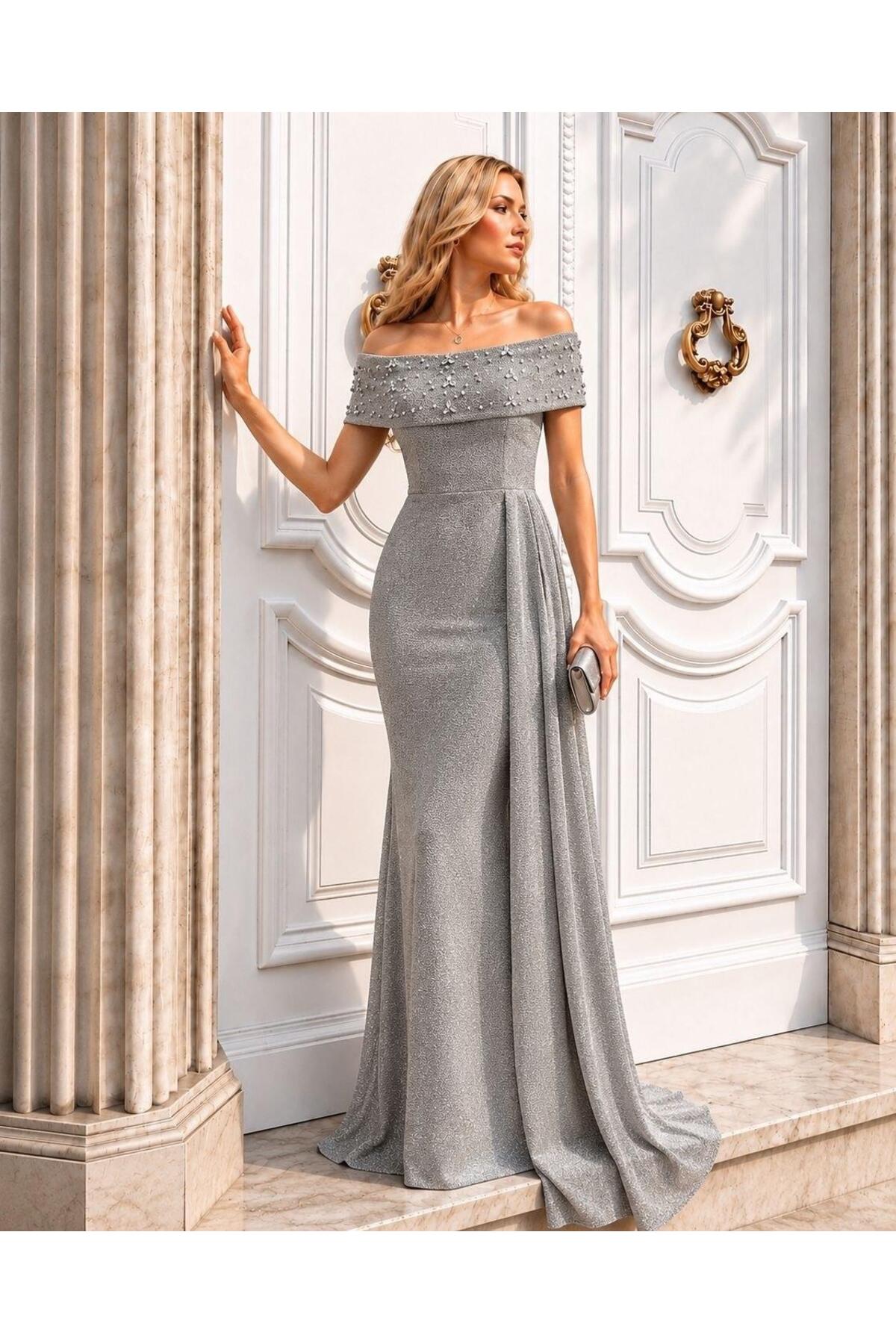 Modafeminen Gray Off-The-Shoulder Long Evening Dress Flowres Fabric 583405