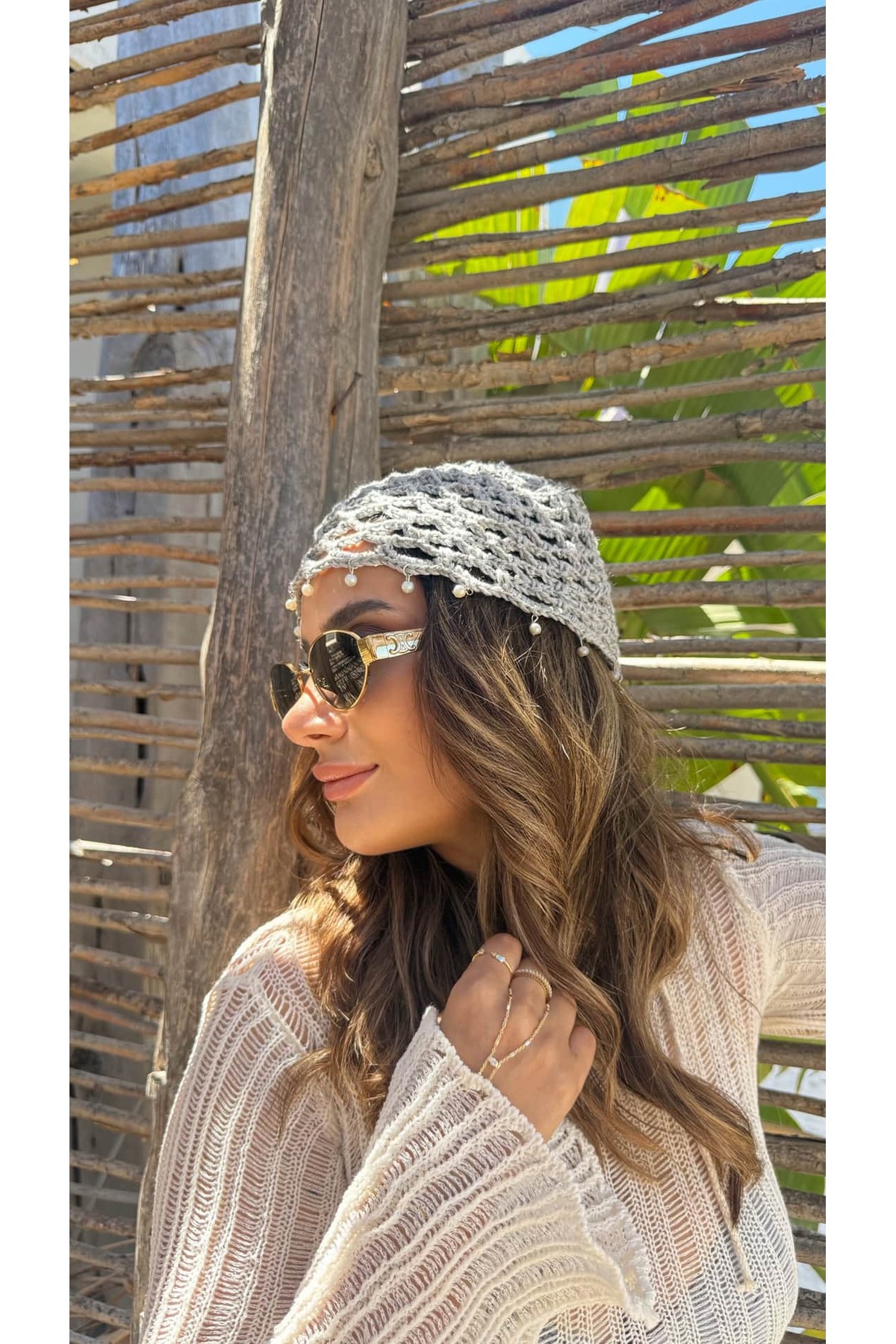 ATELİER TUĞBA Kep002 Hand Knitted Pearl-Detail Fishnet Cap Hat